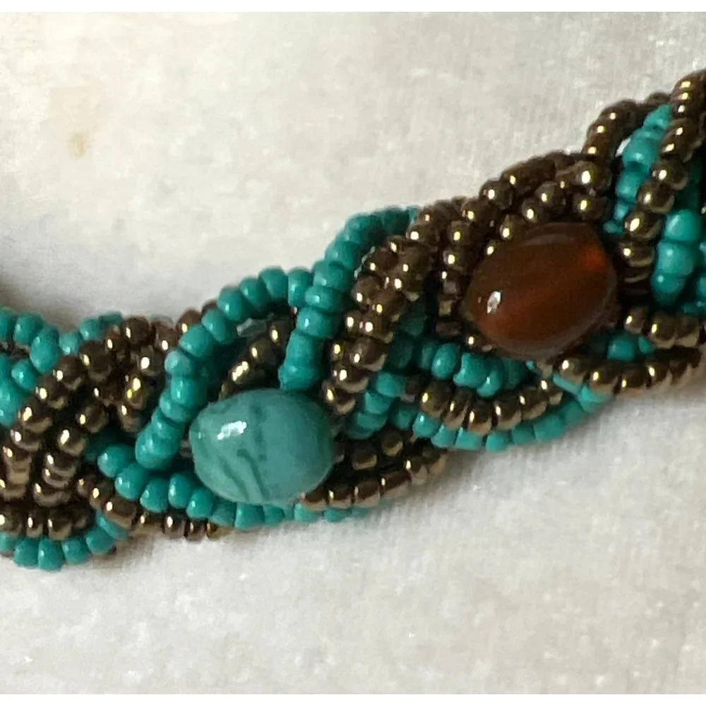 Turquoise Glass Bead Braided Necklace -- 18